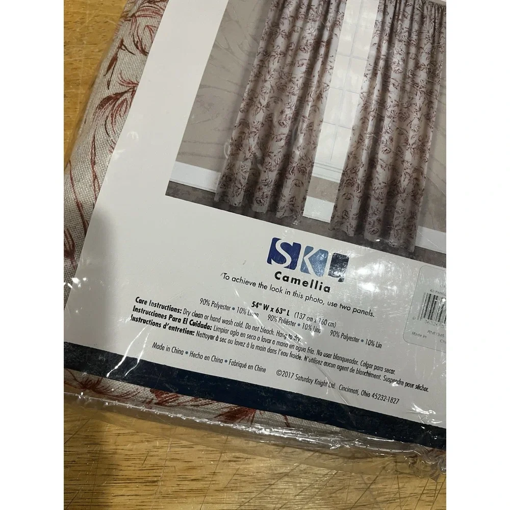 SKL Camellia Red Beige‎ Floral Linen Curtain Panels 54x63